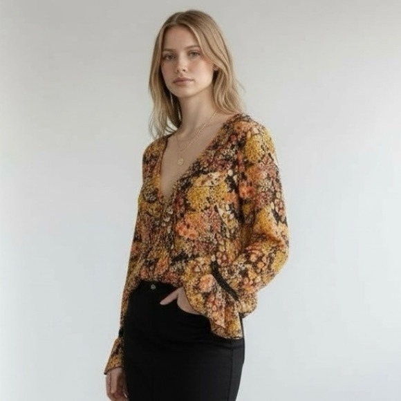 Intimately By Free People Tops - Intimately By Free People Floral Ruffle V-Neck Bodysuit Black Lace XS